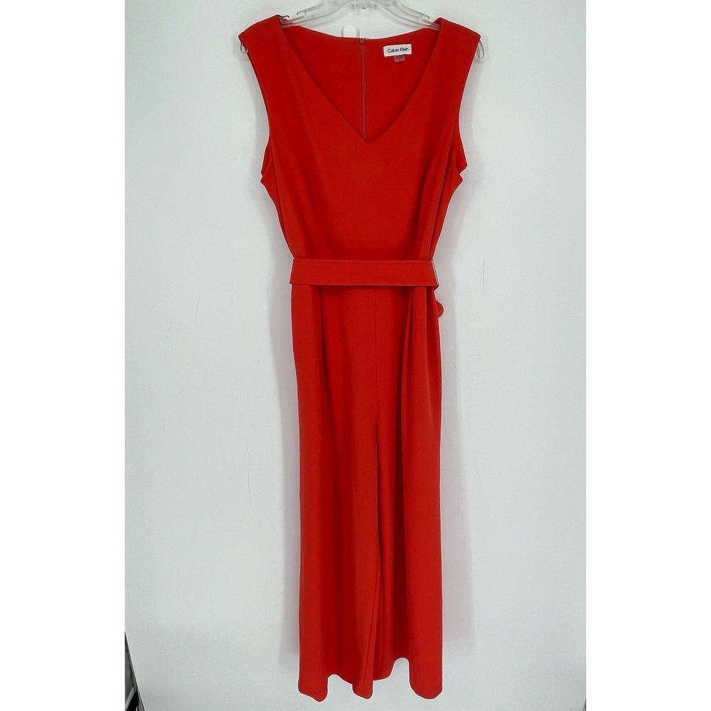 Calvin Klein Women's Red V-Neck Belted‎ Stretch Wide Leg Formal Jumpsuit Size 14